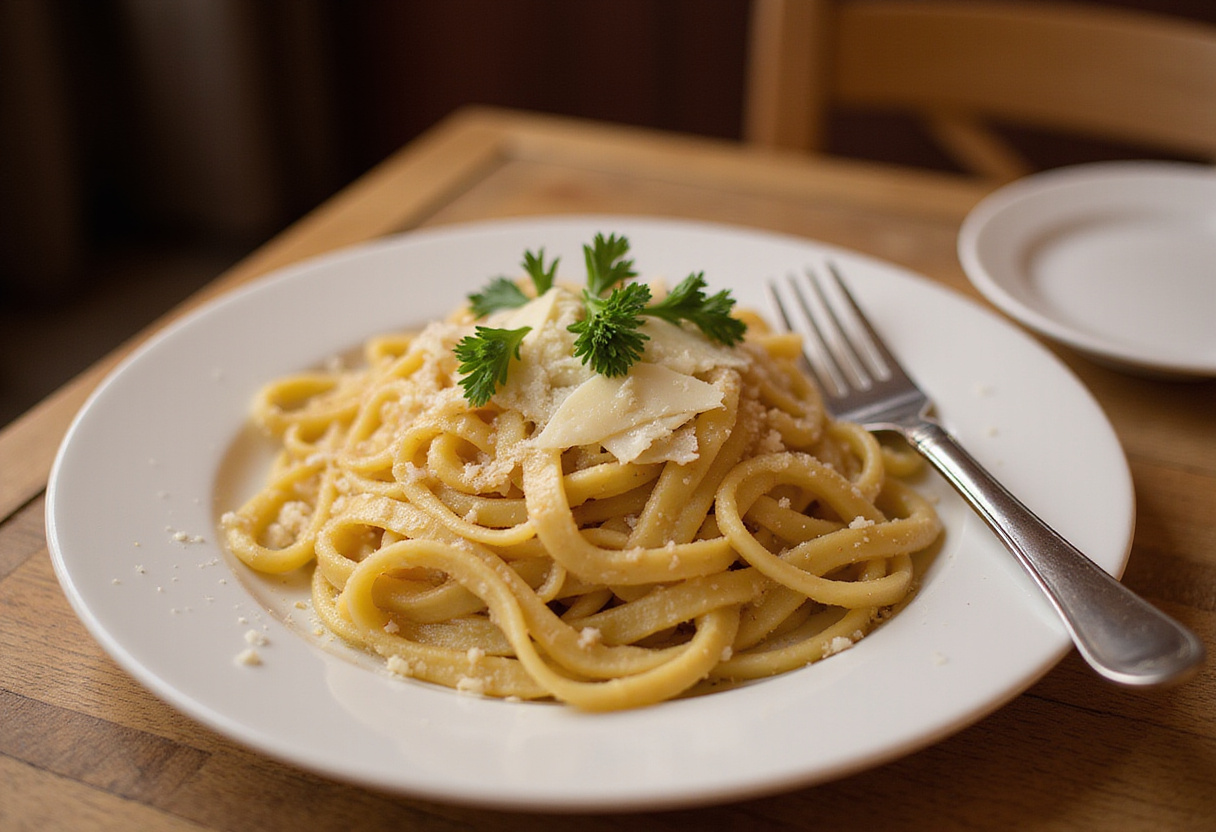 Deliciously plated ultimate garlic parmesan pasta, garnished with parsley and cheese on a cozy dining table.