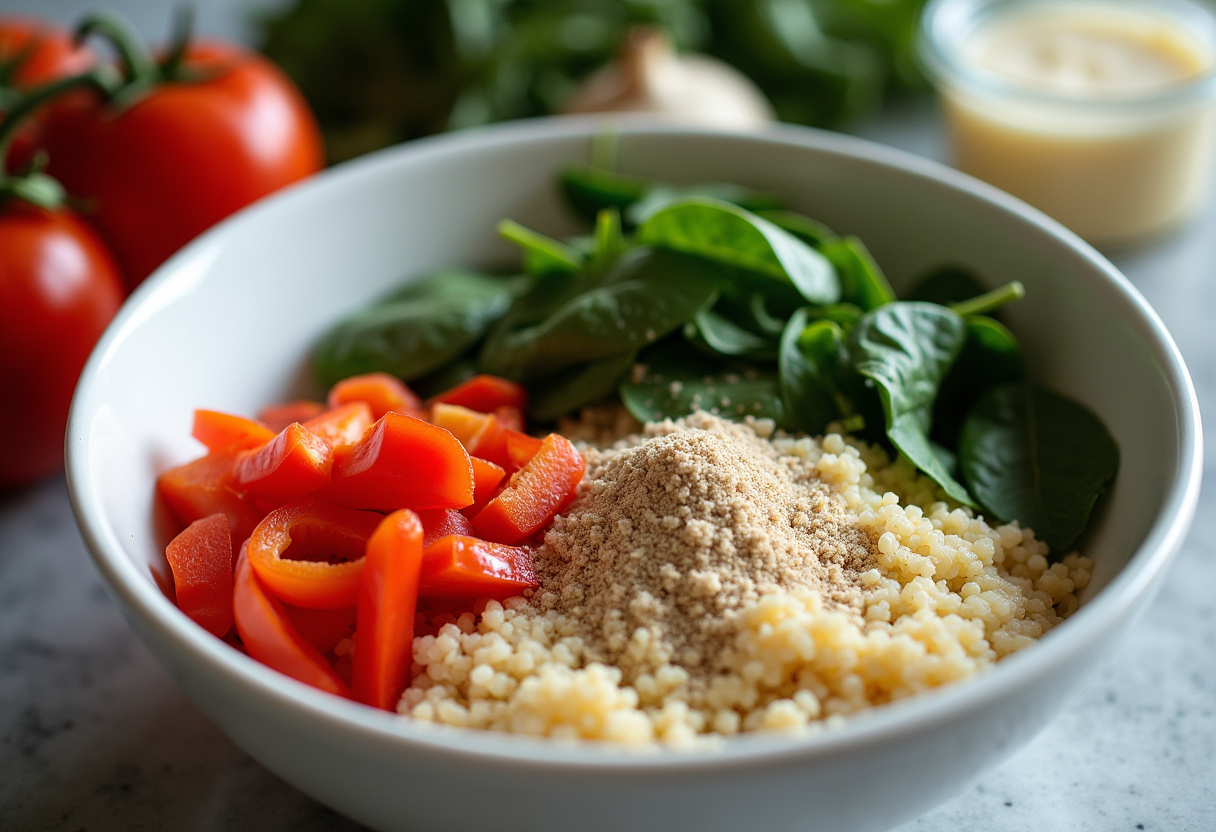 Prepare a high-protein veggie bake mixture with quinoa, spinach, and bell peppers for a nutritious meal.