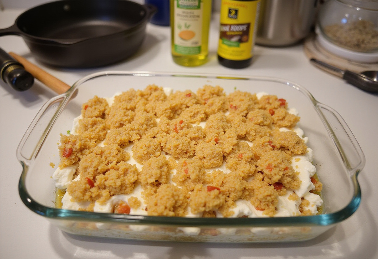 Layer a baking dish with quinoa and cottage cheese mixture for a wholesome veggie bake.
