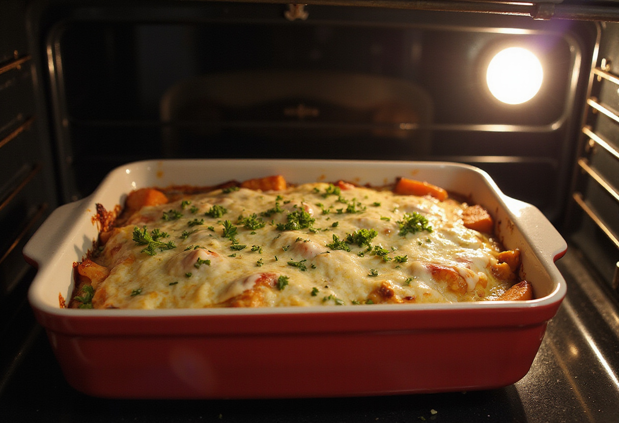 Prepare the high-protein veggie bake for the oven, topped with cheese and herbs for added flavor.