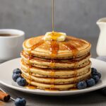 Serving fluffy vanilla cinnamon buttermilk pancakes stacked high, topped with butter and syrup, an inviting presentation for a delicious breakfast.