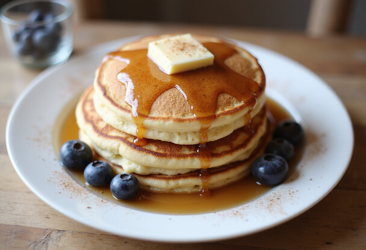 Serving fluffy vanilla cinnamon buttermilk pancakes stacked high, topped with butter and syrup, an inviting presentation for a delicious breakfast.
