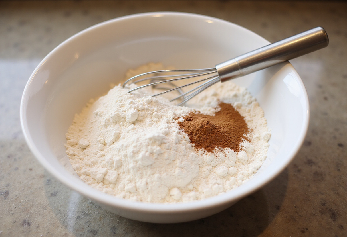 Mixing dry ingredients for vanilla cinnamon buttermilk pancakes, including flour, sugar, baking powder, and cinnamon for a delicious breakfast treat.