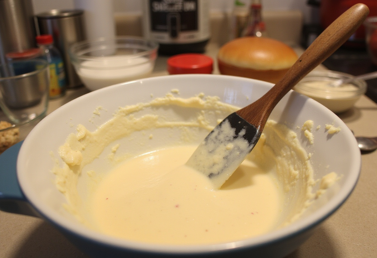 Stirring together the pancake batter for vanilla cinnamon buttermilk pancakes, ensuring a smooth consistency perfect for cooking pancakes.