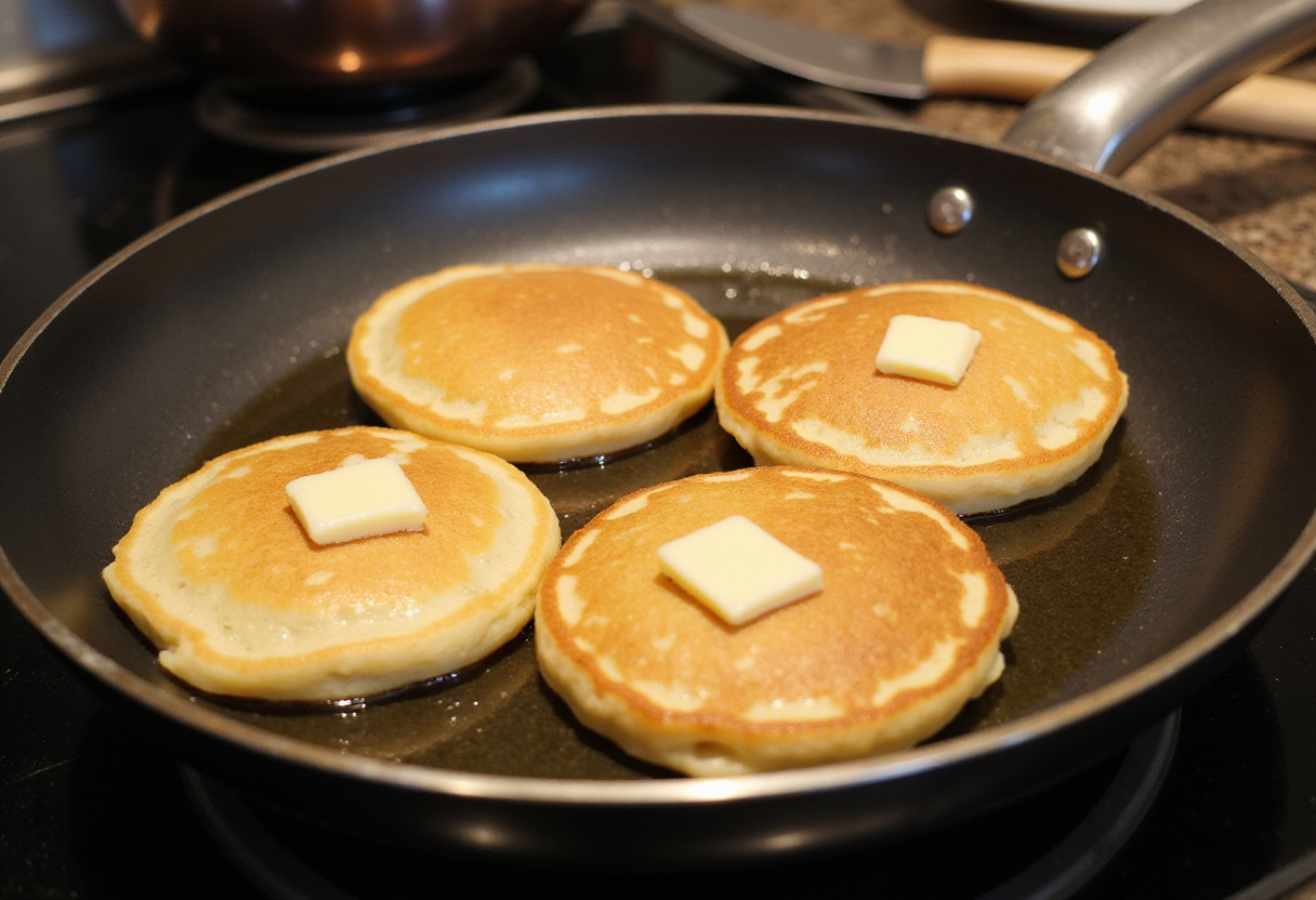 Flipping golden pancakes on the skillet, showcasing the perfect texture and color for vanilla cinnamon buttermilk pancakes, ready to be served.