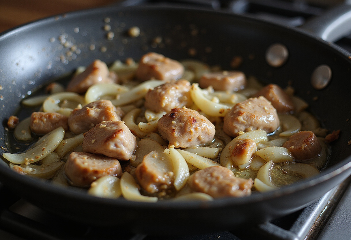 Onions and garlic sautéing in olive oil for the Viral Chicken Liver recipe, showcasing the cooking process for developing rich flavors.