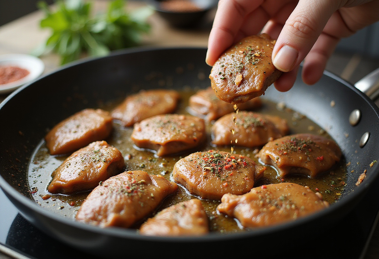 Seasoned chicken livers being added to the pan for the Viral Chicken Liver recipe, demonstrating the key stage of cooking flavorful livers.