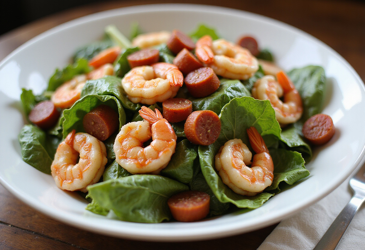 Final presentation of warm shrimp and chorizo salad, showcasing a vibrant mix of chorizo, shrimp, and fresh vegetables for a delicious meal.
