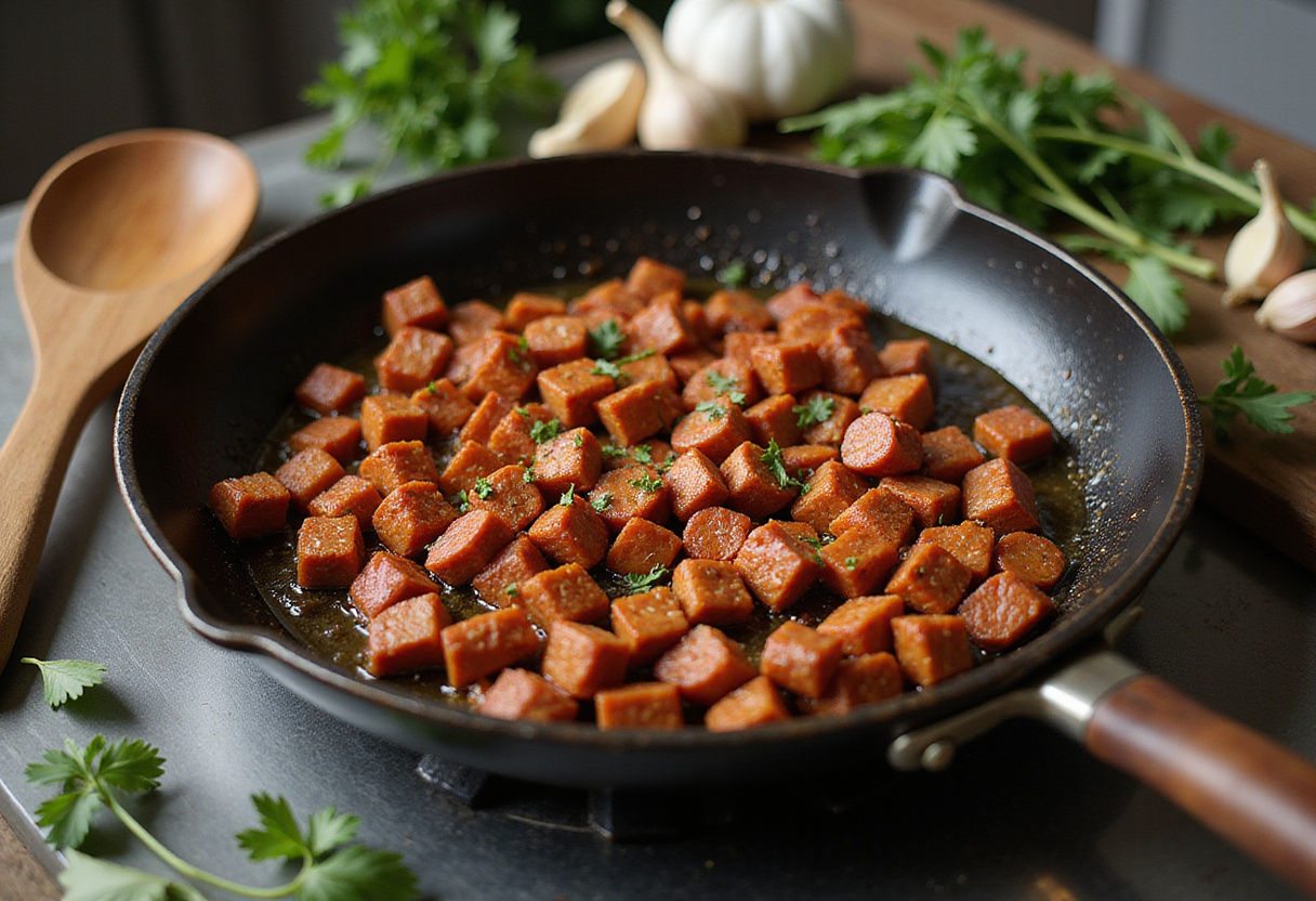 Cooking chorizo for warm shrimp and chorizo salad in a skillet with fresh herbs and garlic for flavor.