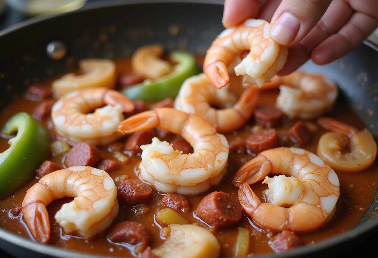 Adding shrimp to sizzling chorizo for a warm shrimp and chorizo salad, showcasing the cooking process with vibrant vegetables.