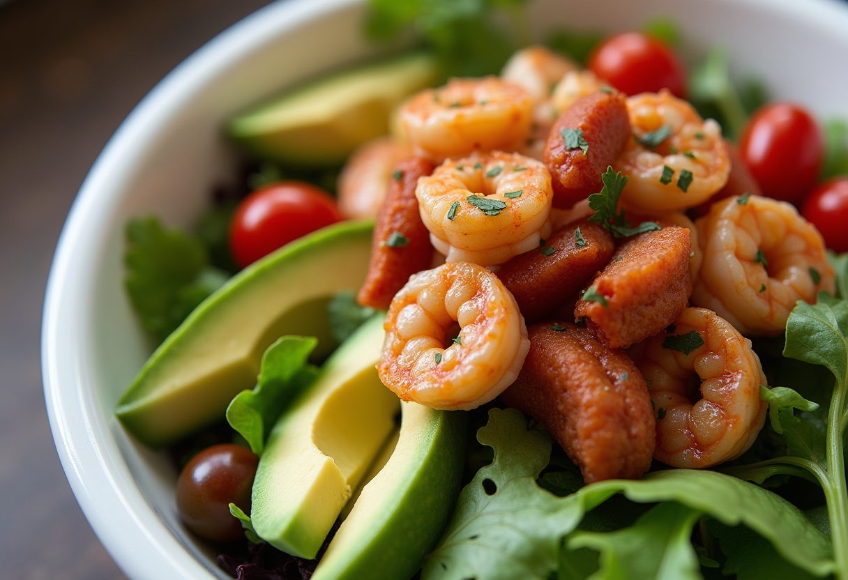 Preparing a fresh green salad for a warm shrimp and chorizo salad with cherry tomatoes and avocado, emphasizing freshness.