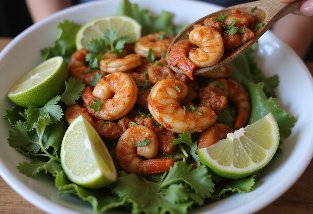 Assembling a warm shrimp and chorizo salad, featuring a delicious blend of colors and textures, topped with lime and cilantro.