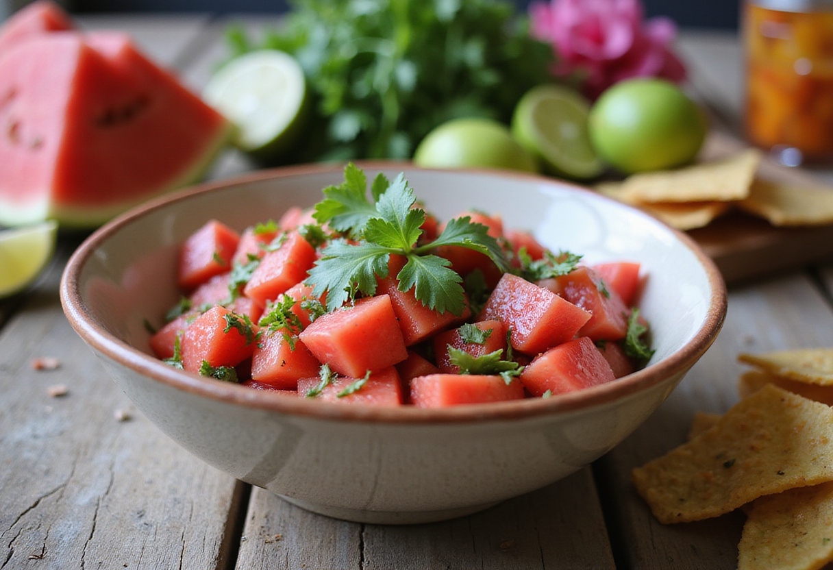 Delicious watermelon salsa served in a bowl, garnished with cilantro and lime, set on a rustic wooden table, perfect for summer gatherings.