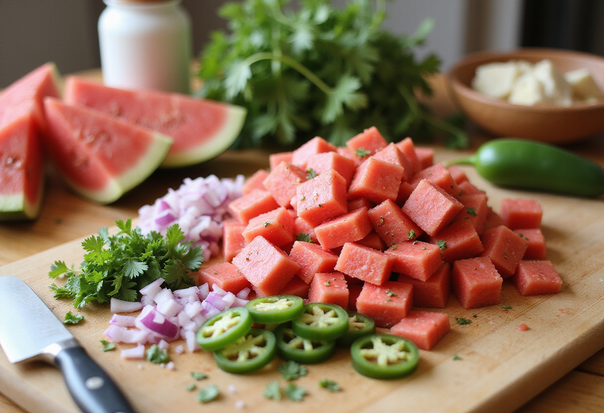 Fresh ingredients for watermelon salsa including watermelon cubes, diced red onion, chopped cilantro, and sliced jalapeños on a kitchen countertop.