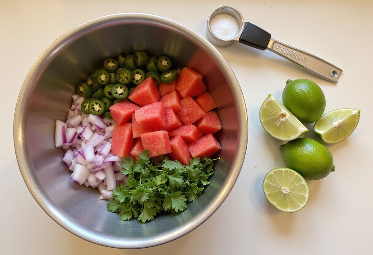 Mixing ingredients for watermelon salsa in a bowl with lime halves ready for juicing, highlighting the vibrant colors of the fresh produce.