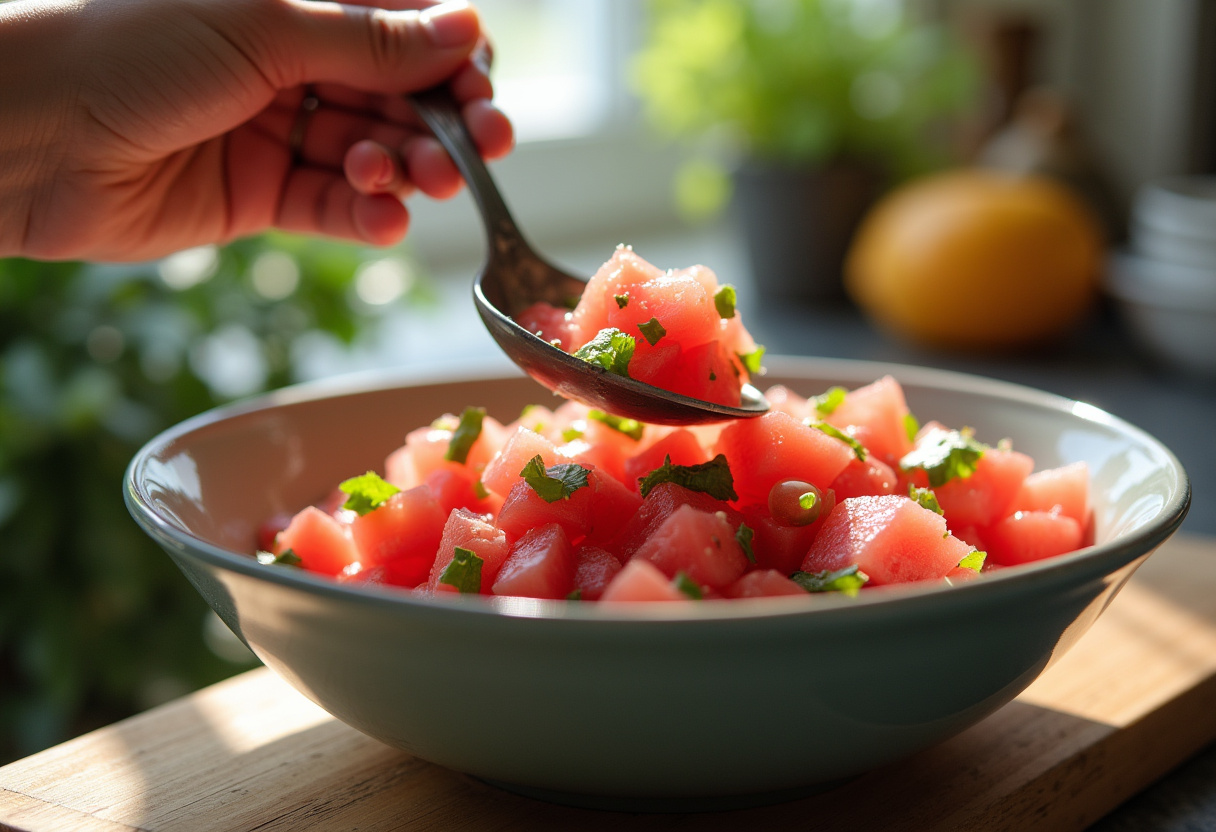 A colorful watermelon salsa in a bowl being mixed, showcasing a variety of fresh ingredients together in a warm kitchen setting.