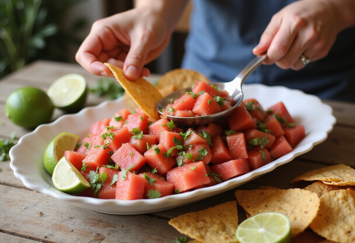 Watermelon salsa served on a platter with lime wedges and tortilla chips, ready for serving, creating a festive summer atmosphere.