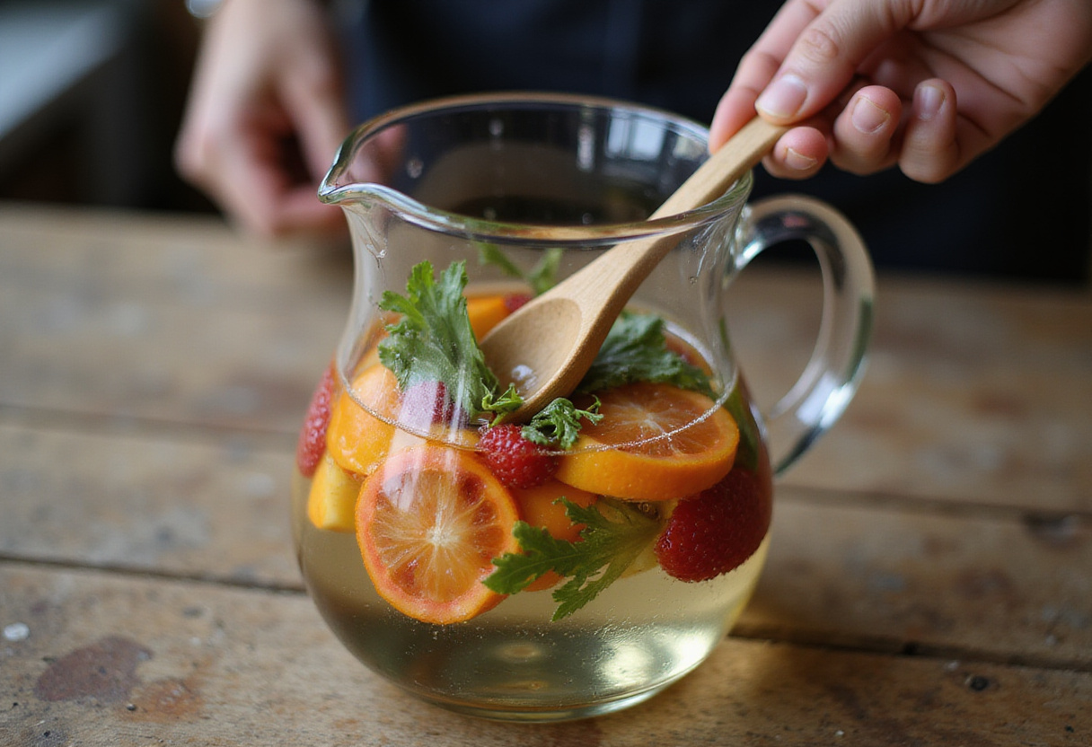 Stirring Watertok infused water to combine flavors of fruits and herbs.