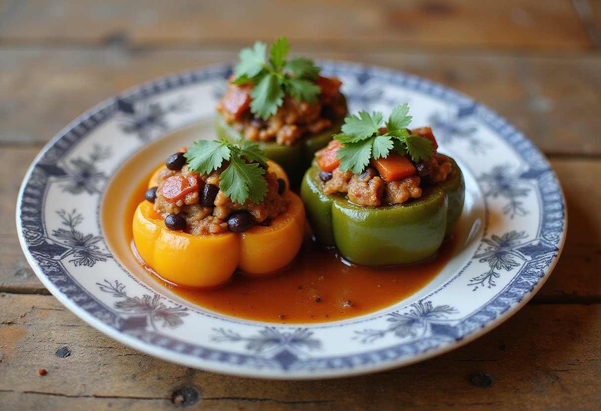 Colorful and appetizing Zucchini-Black Bean Stuffed Peppers beautifully presented on a plate, garnished with cilantro and showcasing the delicious filling.