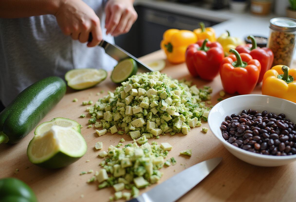 Fresh ingredients for Zucchini-Black Bean Stuffed Peppers, including chopped zucchini and black beans ready for stuffing, in a colorful kitchen.