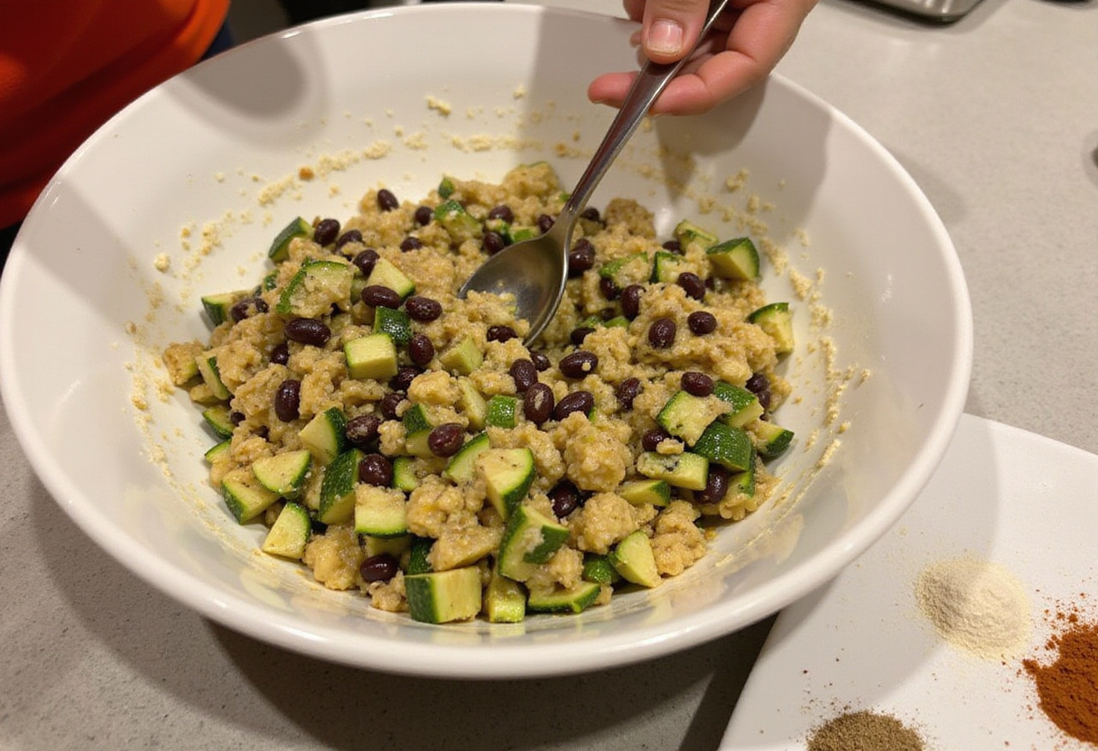 Mixing flavorful stuffing for Zucchini-Black Bean Stuffed Peppers, combining zucchini and black beans with spices in a bright kitchen.