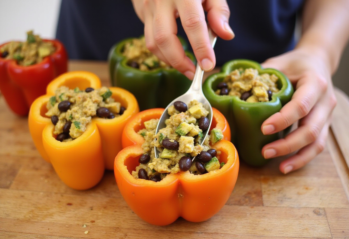 Stuffing colorful bell peppers with a delicious mixture of zucchini and black beans for Zucchini-Black Bean Stuffed Peppers.