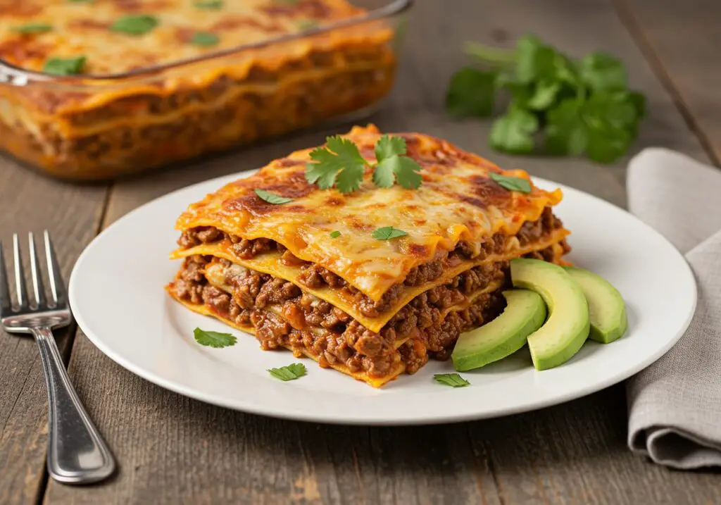 Delicious slice of taco lasagna served on a plate, topped with cilantro and avocado, highlighting the best taco lasagna recipe for an appetizing meal presentation.