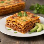 Delicious slice of taco lasagna served on a plate, topped with cilantro and avocado, highlighting the best taco lasagna recipe for an appetizing meal presentation.