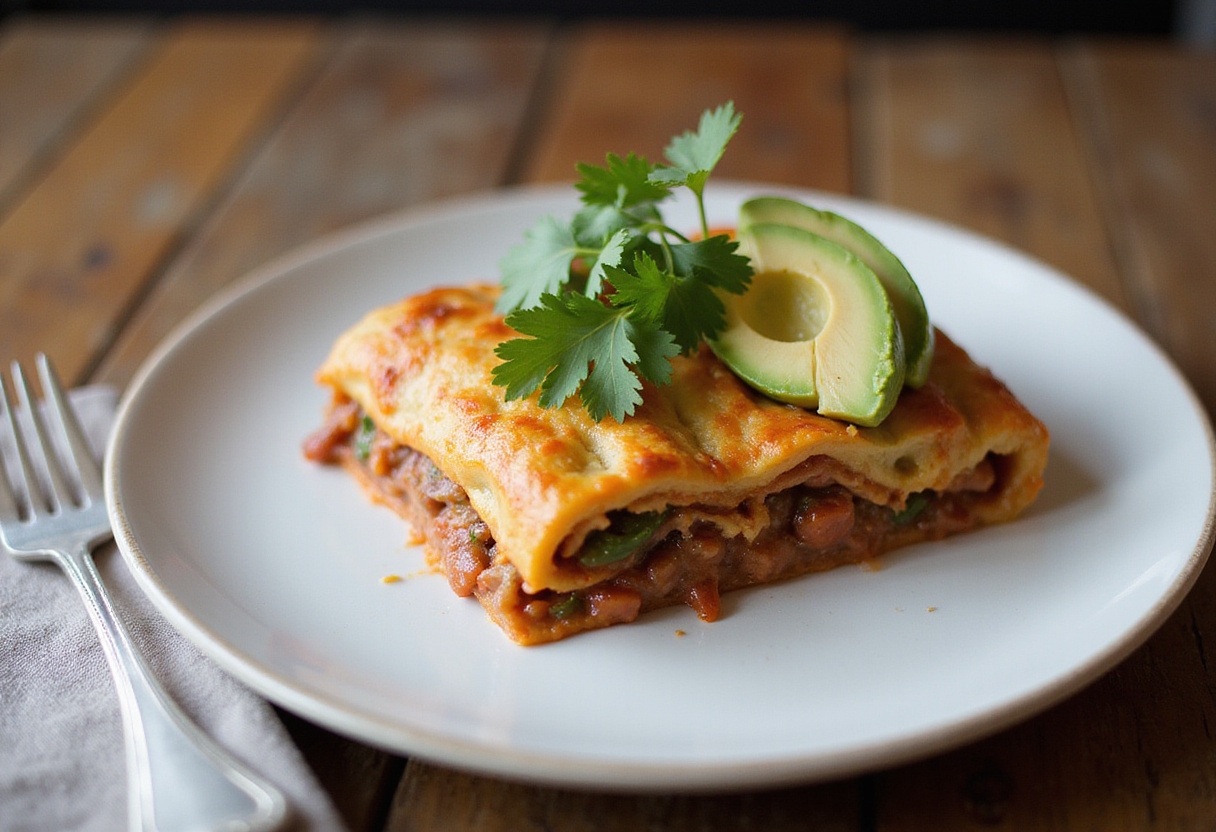Delicious slice of taco lasagna served on a plate, topped with cilantro and avocado, highlighting the best taco lasagna recipe for an appetizing meal presentation.