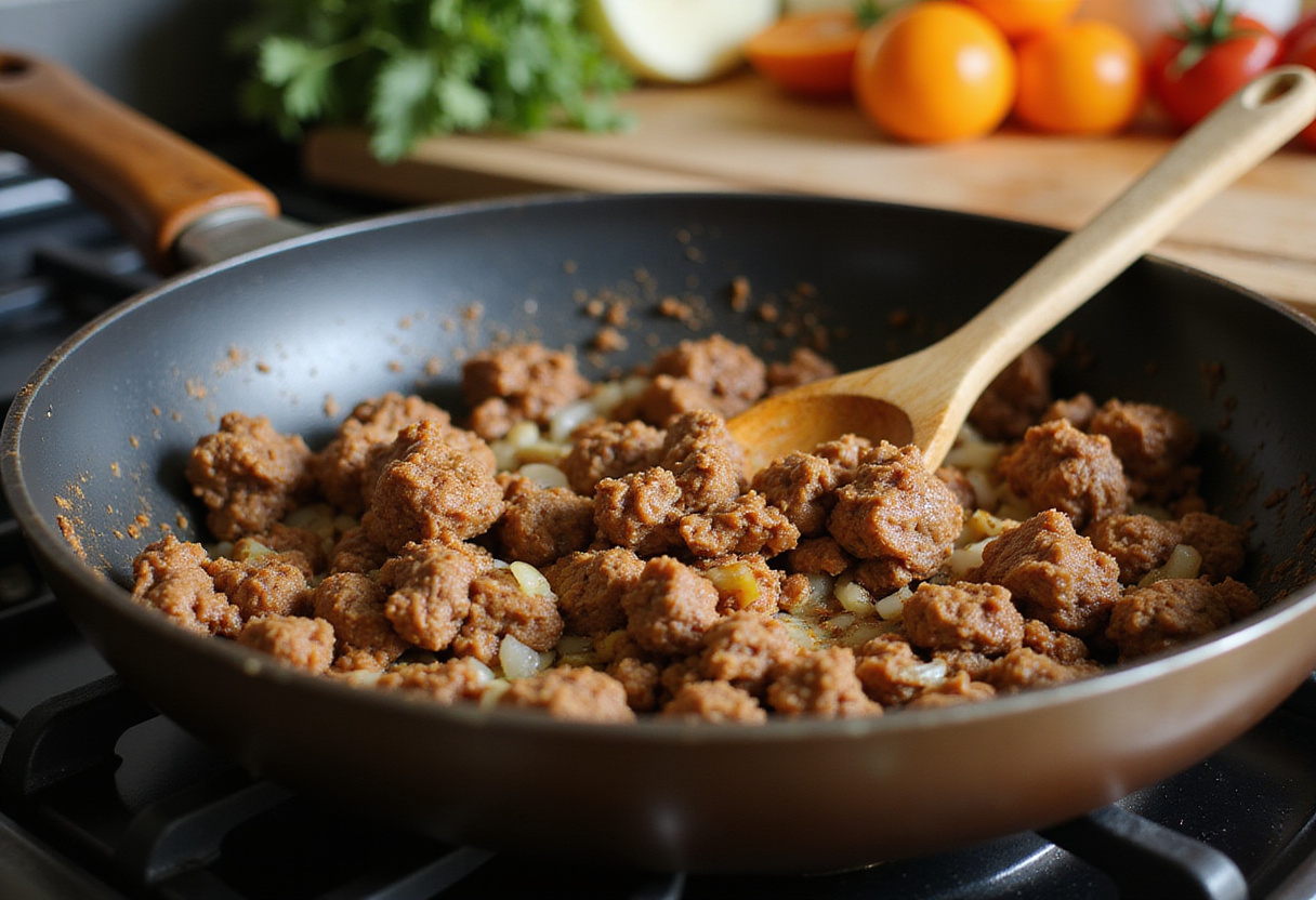 Cooked ground beef with taco seasoning in a frying pan for the best taco lasagna recipe, showcasing flavorful ingredients and vibrant colors.
