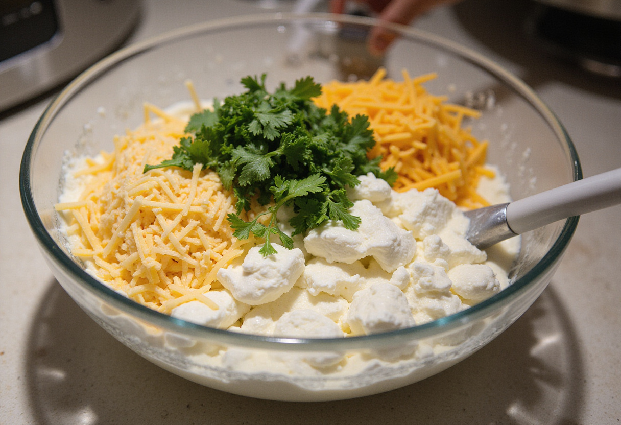 Cheese mixture for taco lasagna including ricotta and shredded cheese, ready to layer in a delicious taco lasagna dish for a mouthwatering experience.