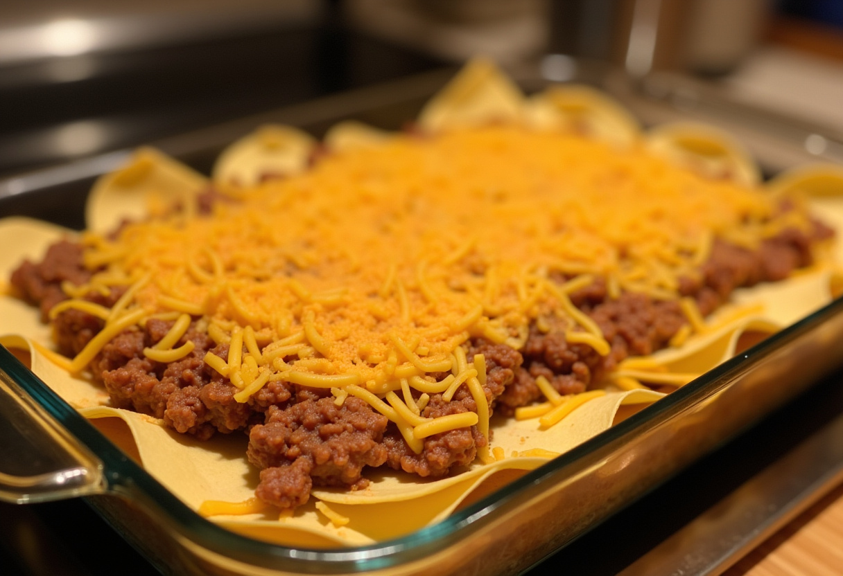 Layering taco lasagna with tortillas, seasoned meat, and a creamy cheese mixture, highlighting the delicious preparations for the ultimate taco lasagna.