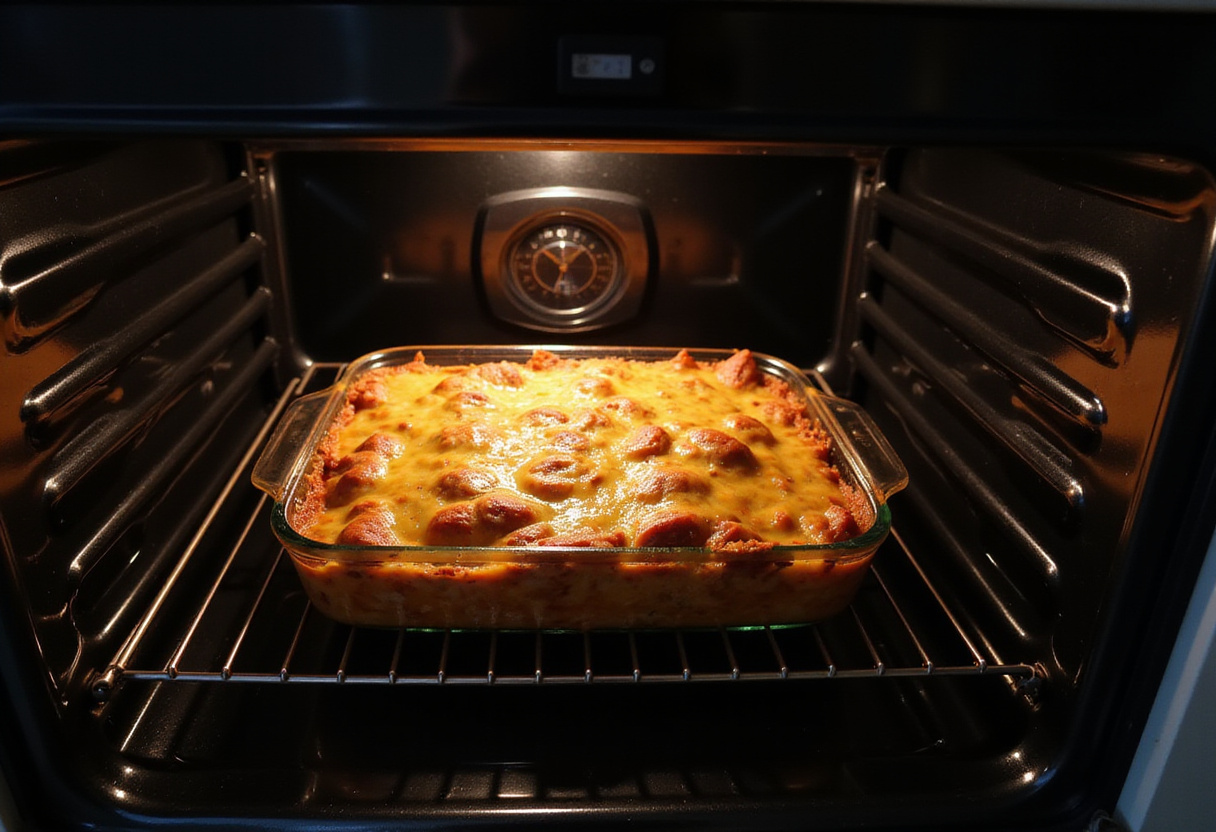 Baking taco lasagna in the oven, showcasing the melting cheese and bubbling edges, aiming for a beautifully cooked comfort food dish.