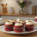 Final presentation of the best red velvet marble cupcakes with cream cheese frosting and chocolate shavings in a charming kitchen setting.