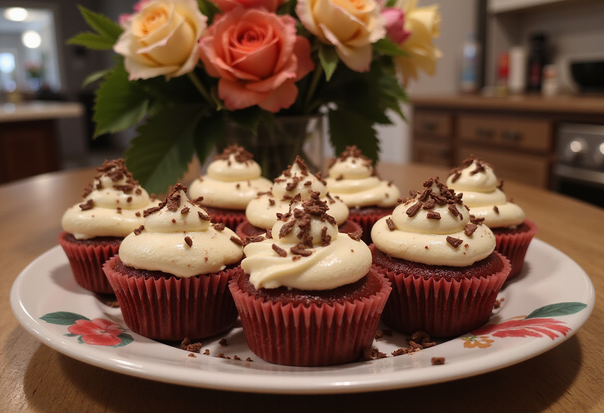 Final presentation of the best red velvet marble cupcakes with cream cheese frosting and chocolate shavings in a charming kitchen setting.