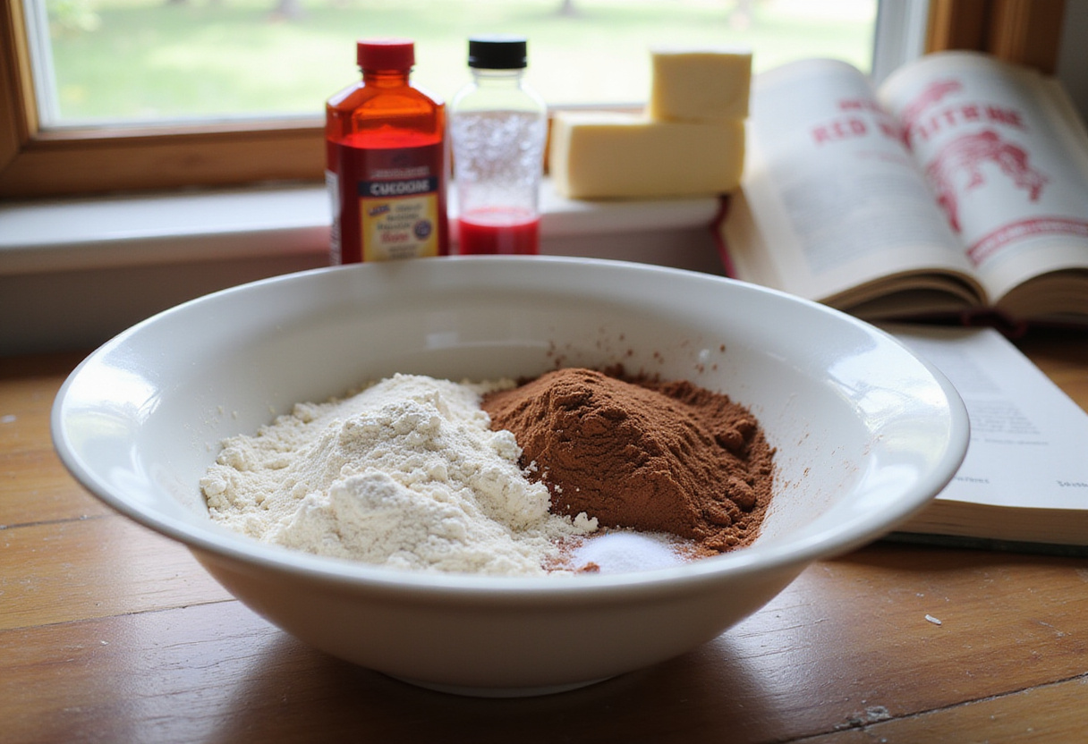 Baking preparation for the best red velvet marble cupcakes with flour and cocoa powder on a kitchen counter.