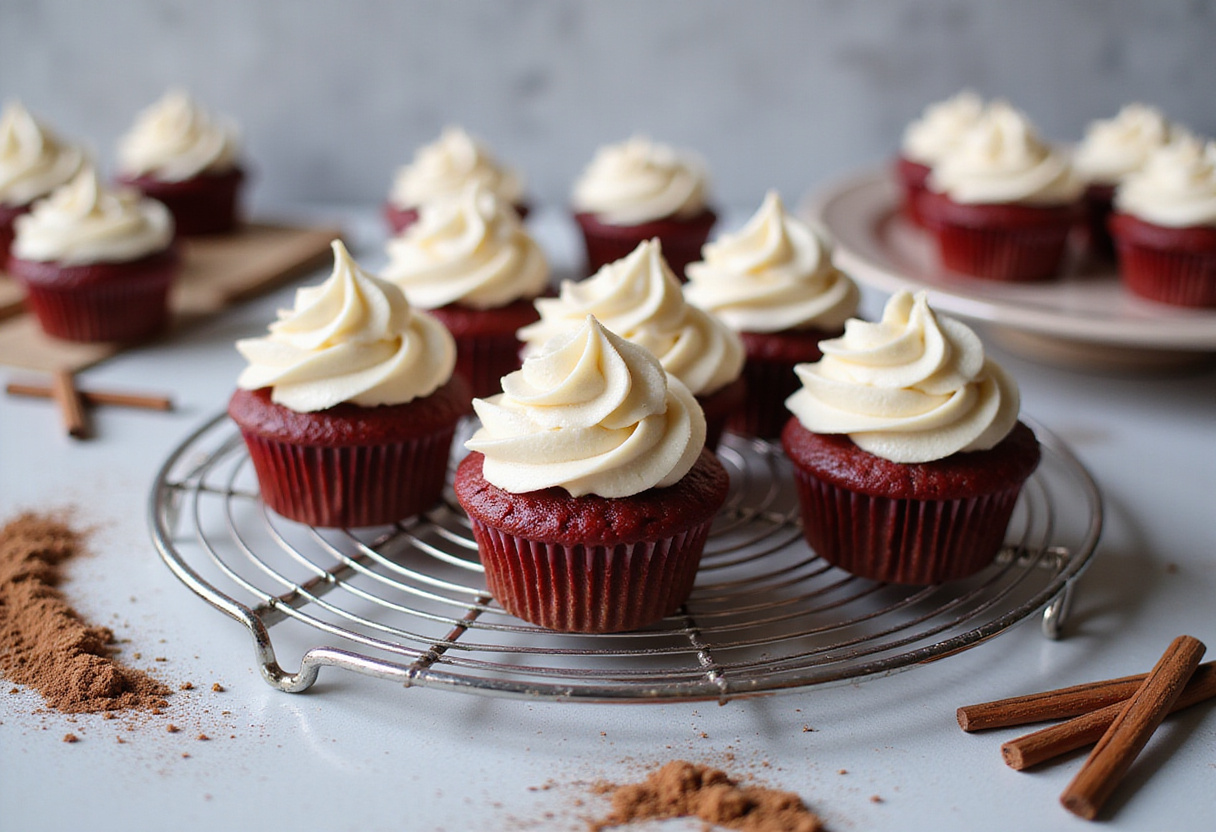 Cooling freshly baked red velvet marble cupcakes topped with cream cheese frosting on a wire rack, showcasing a beautiful display.