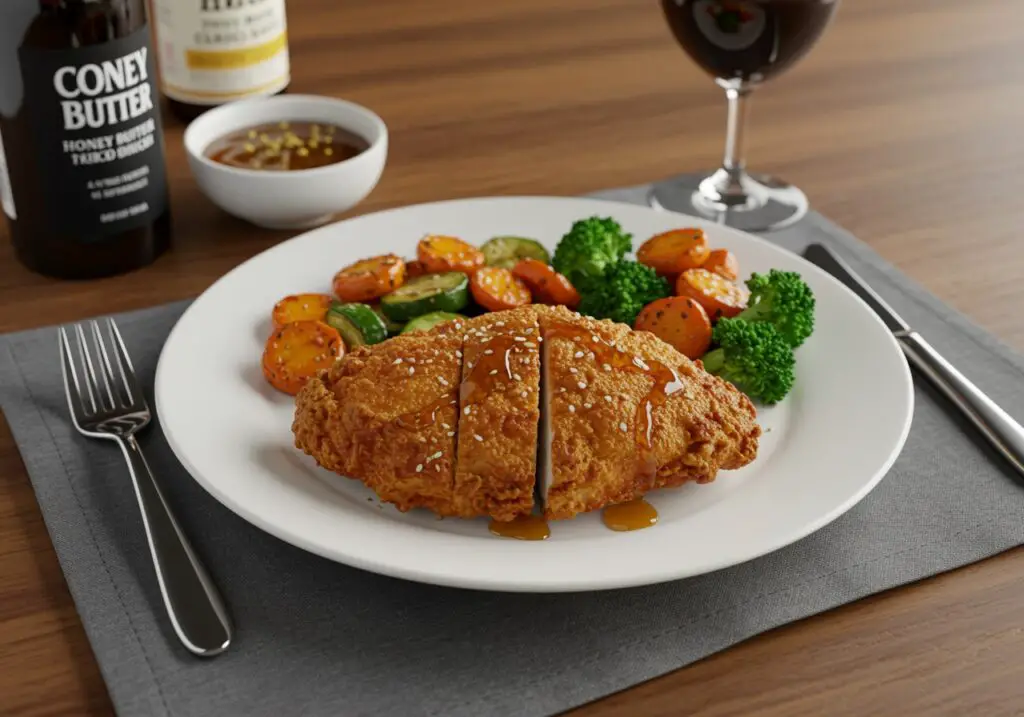 Delicious crispy honey butter chicken served with roasted vegetables, showcasing a perfect meal presentation ready for dining experience.