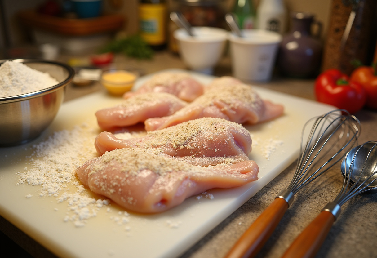 How to make the best crispy honey butter chicken with seasoned flour coating on chicken pieces, warm kitchen atmosphere.