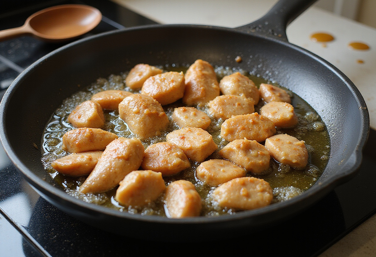 Cooking crispy honey butter chicken in a skillet with bubbling oil, showcasing the frying process in a cozy kitchen setting.