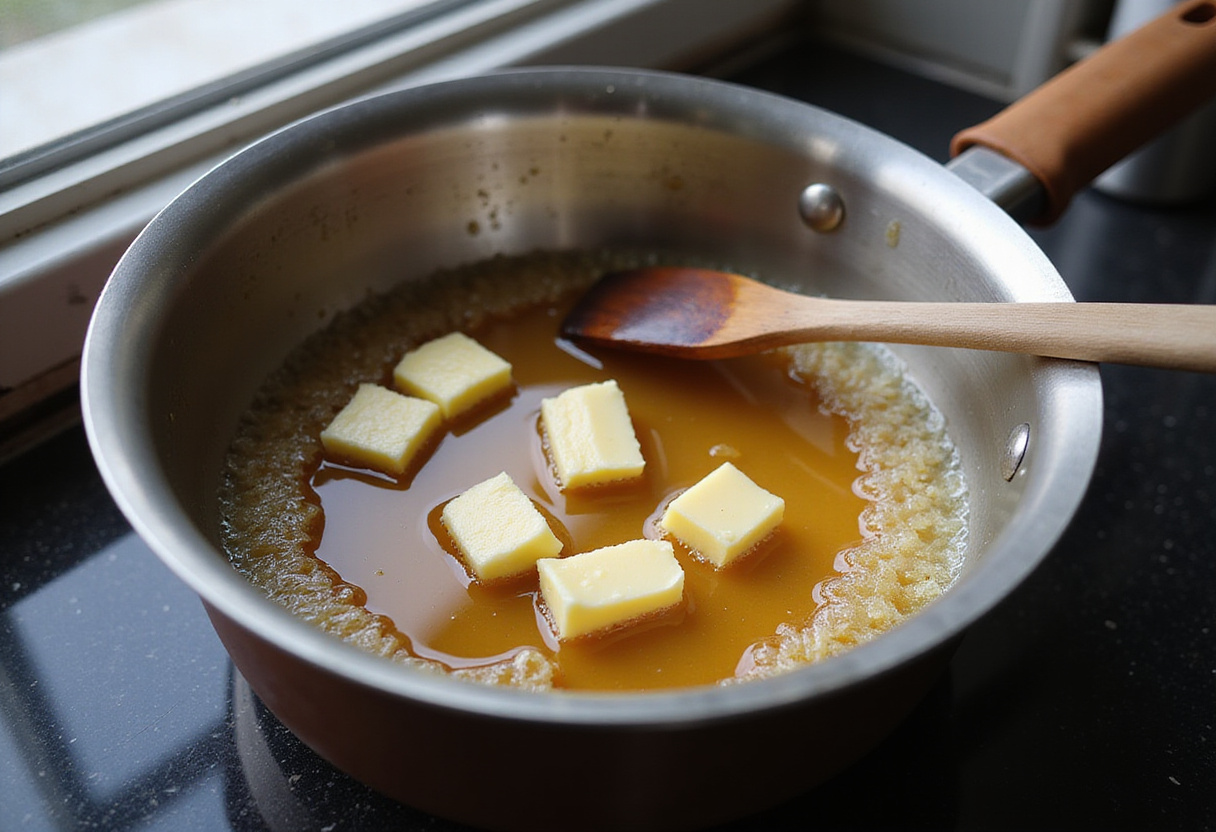 Preparing honey butter sauce for the best crispy honey butter chicken, highlighting the melting butter and honey mixture in a saucepan.