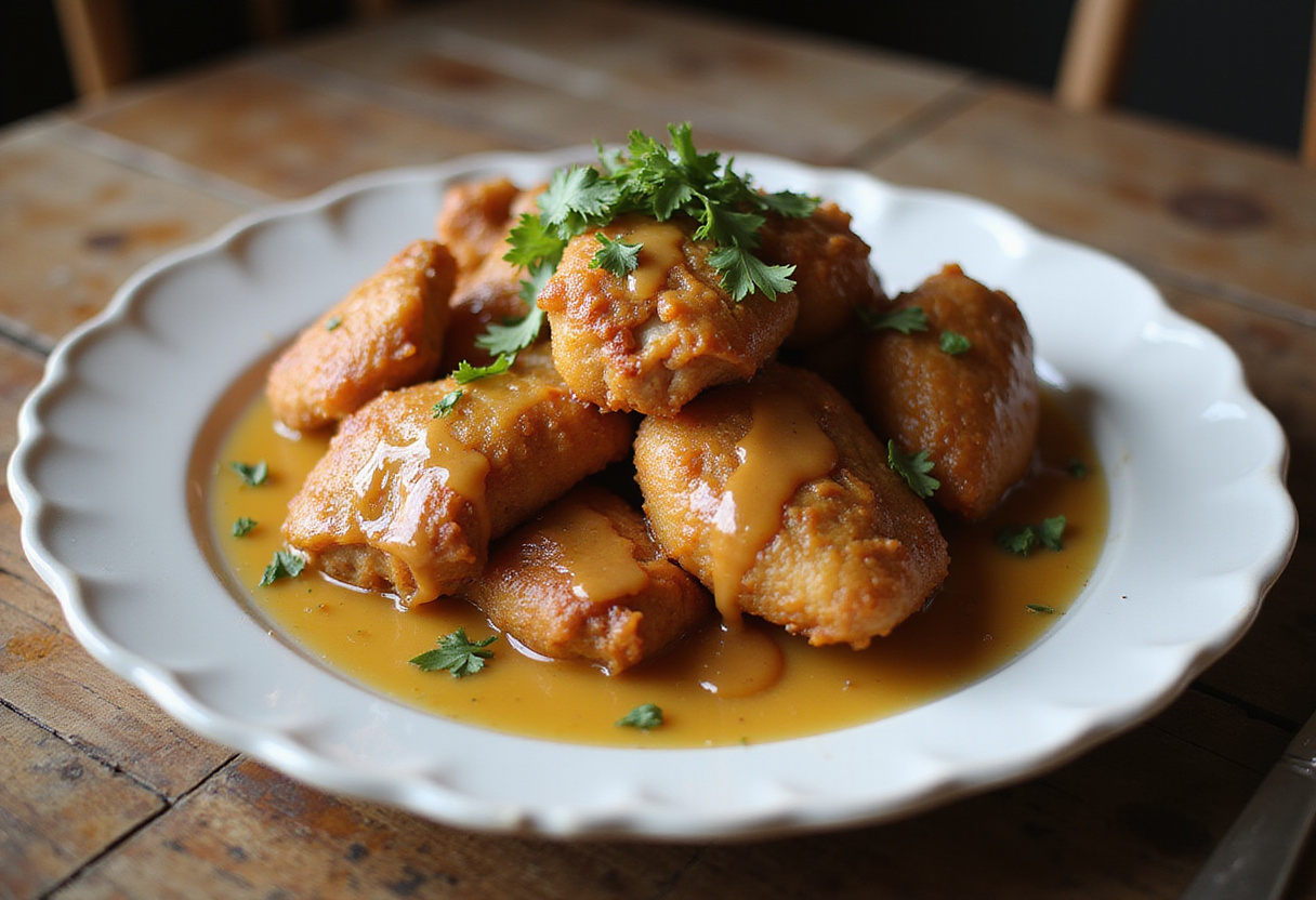 Final presentation of the best crispy honey butter chicken with honey butter sauce and fresh herbs, showcasing a delicious and inviting plate.