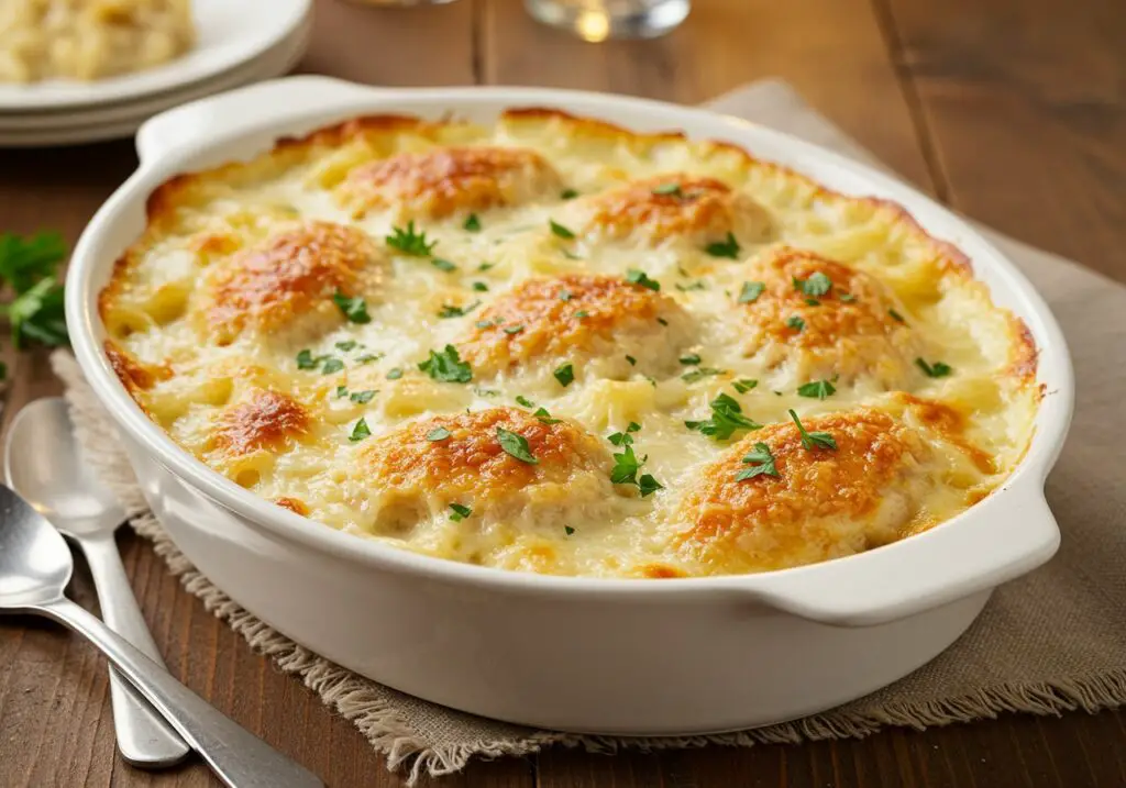Perfectly baked Chicken Alfredo Casserole garnished with fresh parsley, emphasizing its creamy, cheesy goodness and inviting presentation for dinner.