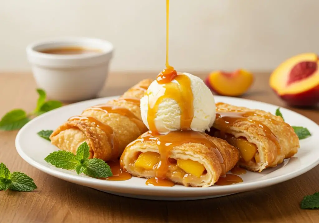 Delicious peach cobbler egg rolls served with caramel sauce and vanilla ice cream on a decorative plate.