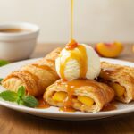 Delicious peach cobbler egg rolls served with caramel sauce and vanilla ice cream on a decorative plate.