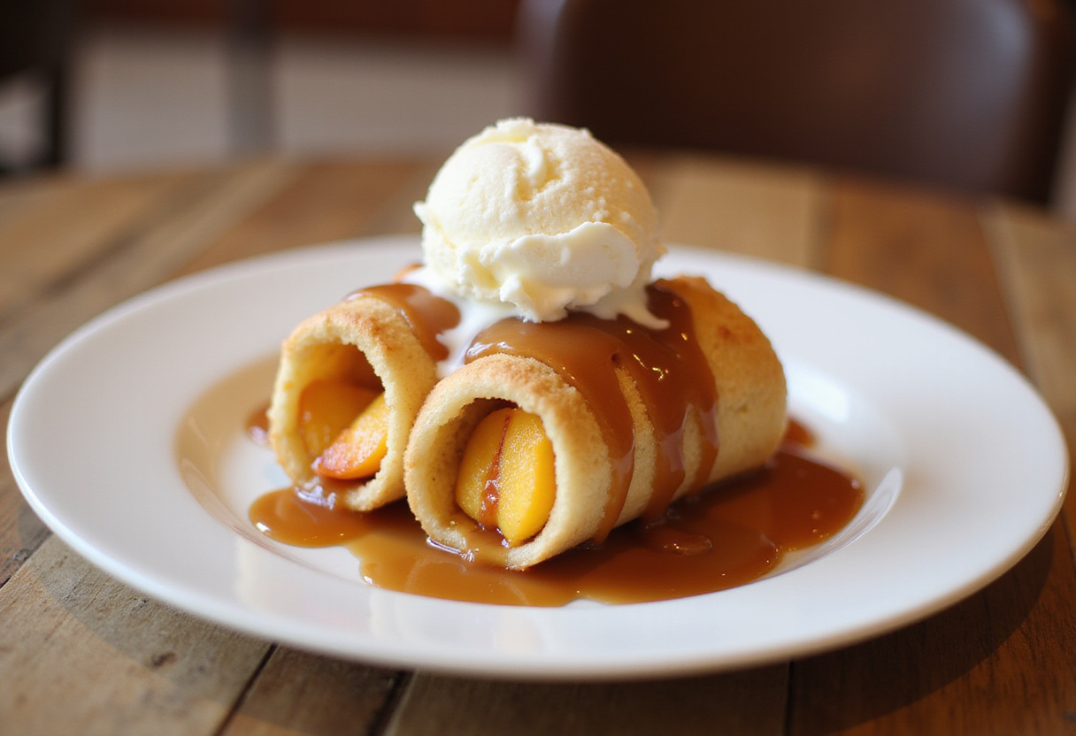 Delicious peach cobbler egg rolls served with caramel sauce and vanilla ice cream on a decorative plate.