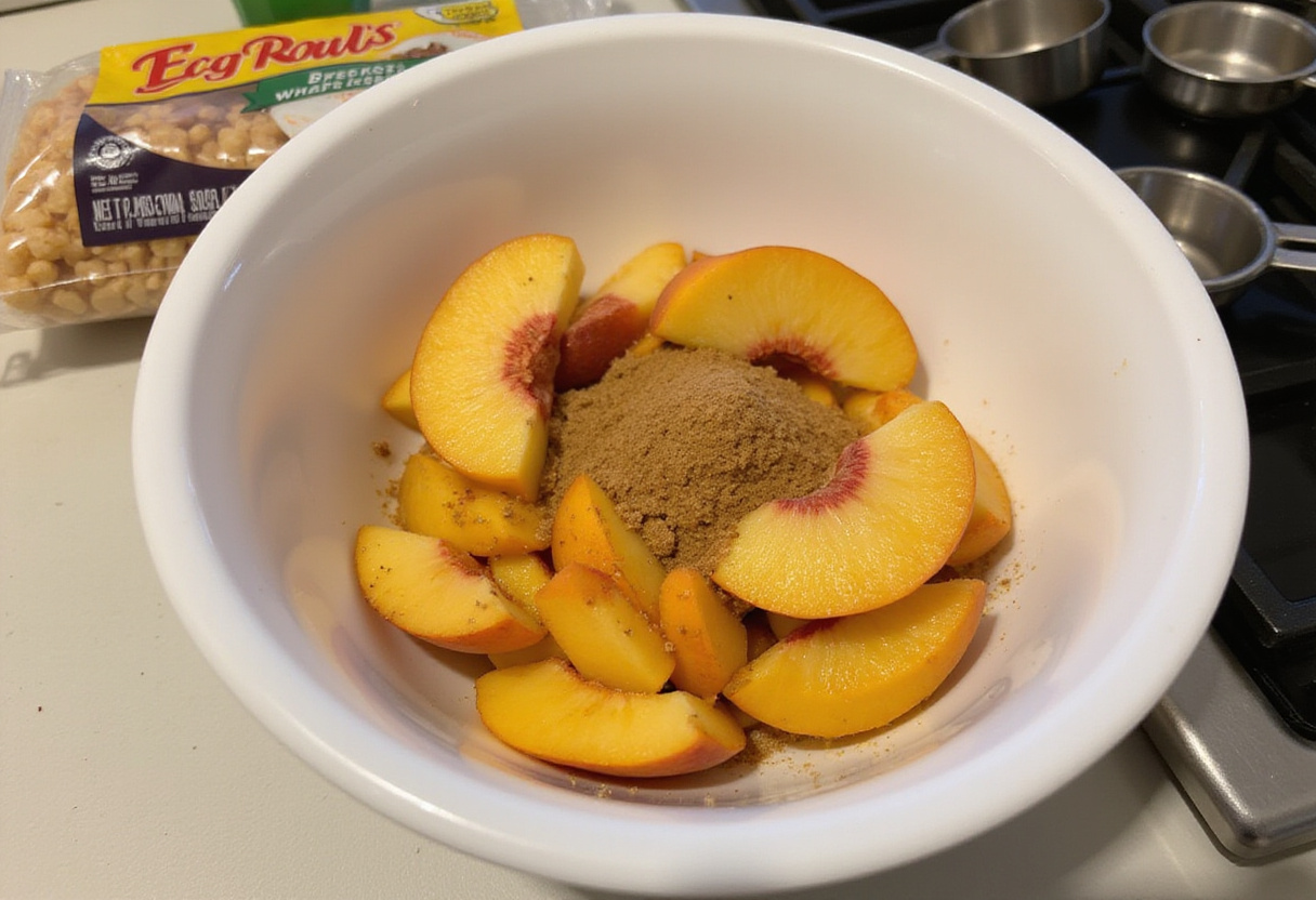 Fresh sliced peaches mixed with sugar and cinnamon for peach cobbler egg rolls filling in a kitchen setting.