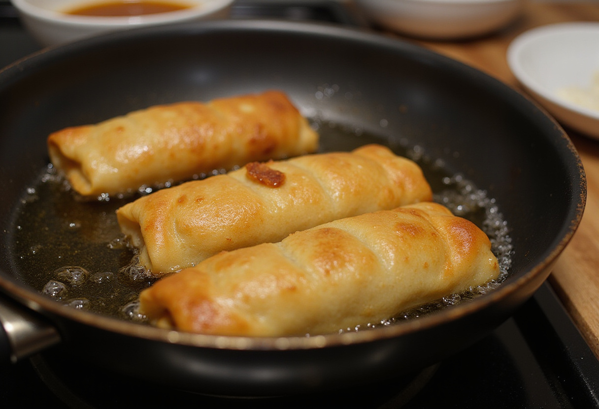 Golden peach cobbler egg rolls frying in hot oil in a skillet, showcasing a crispy texture in a home kitchen.