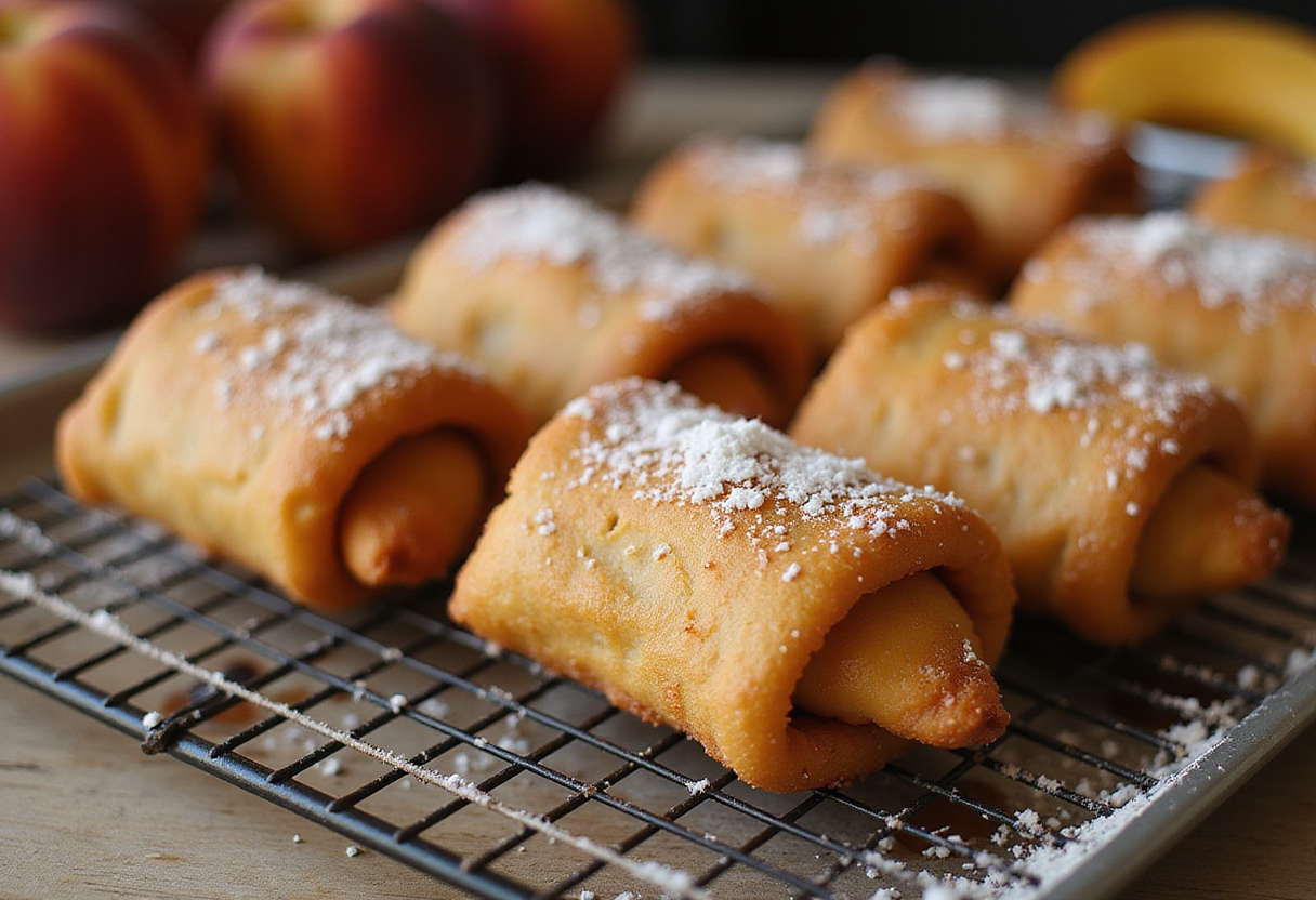 Cooling freshly fried peach cobbler egg rolls with powdered sugar in a charming kitchen ambiance.