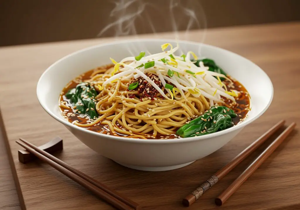 Delicious and vibrant bowl of saucy ramen noodles, showcasing an easy and flavorful recipe finished with toppings.
